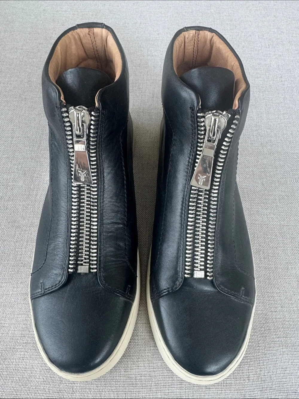 Frye Black Leather Zip-Front High-Top Sneakers with Cream Sole
